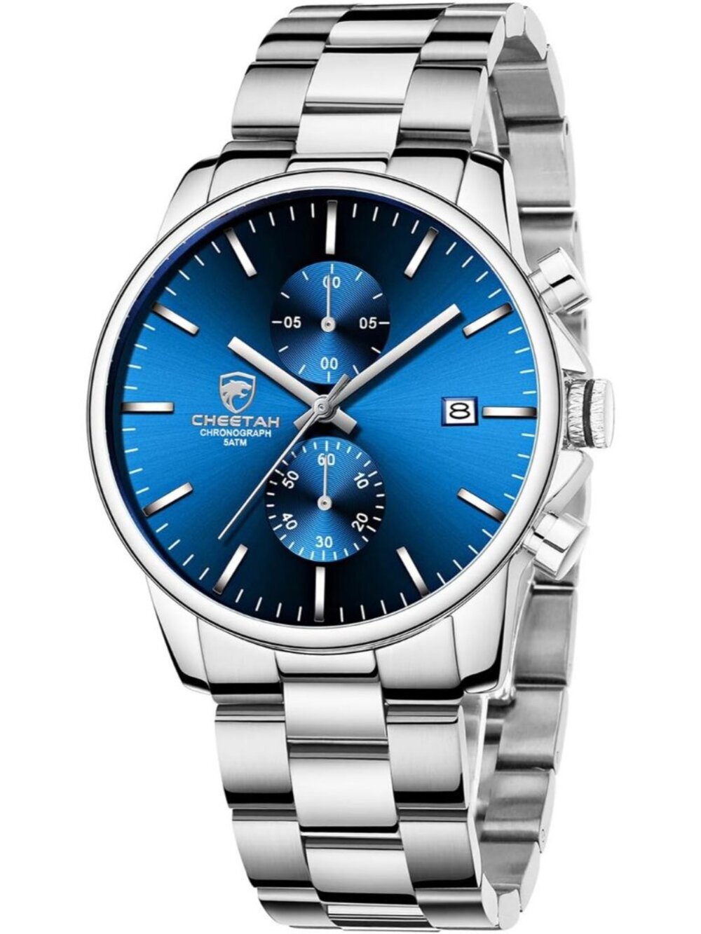 Men's Silver Blue Classic Stainless Steel Waterproof Chronograph Quartz Watch